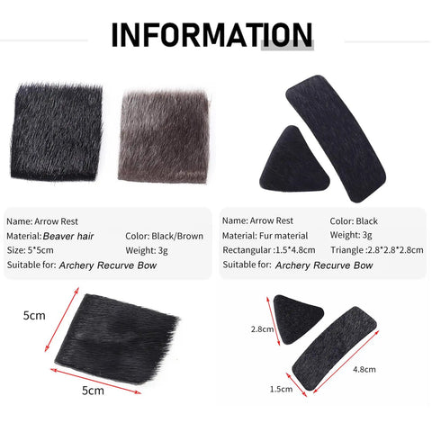 Beaver Hair Arrow Rest Kit For Traditional Bows Four Pack Self Adhesive Stick On Pads with size and material details for recurve bow