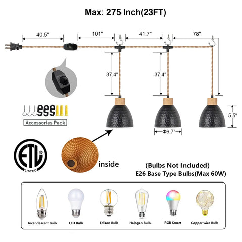 Diagram of Three Light Plug In Pendant Light With Twisted Hemp Rope, 22 Ft Hanging Lamp, showing dimensions and bulb types.