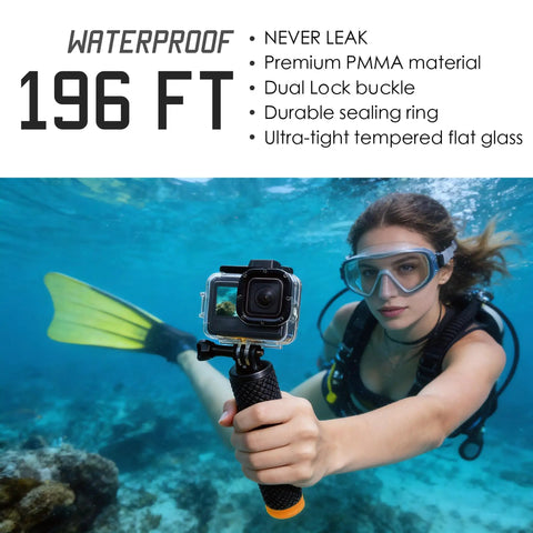 Diver using GoPro Hero Waterproof Case With Floating Hand Grip 196ft Depth Rated Underwater Housing for Hero 9 10 11 12 13 Black