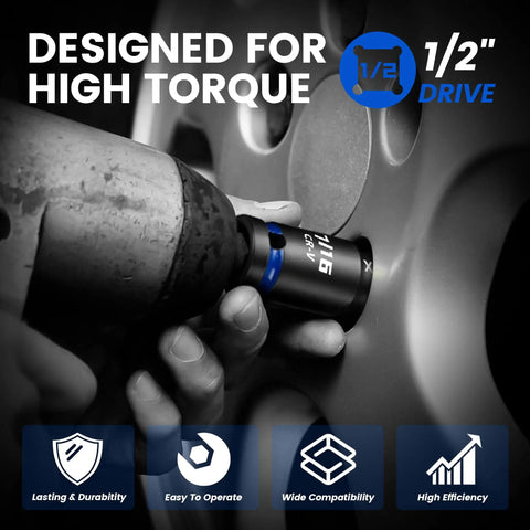 Using 32 Piece One Half Inch Drive Impact Socket Set With High Visibility Blue Rings And White Case on a wheel