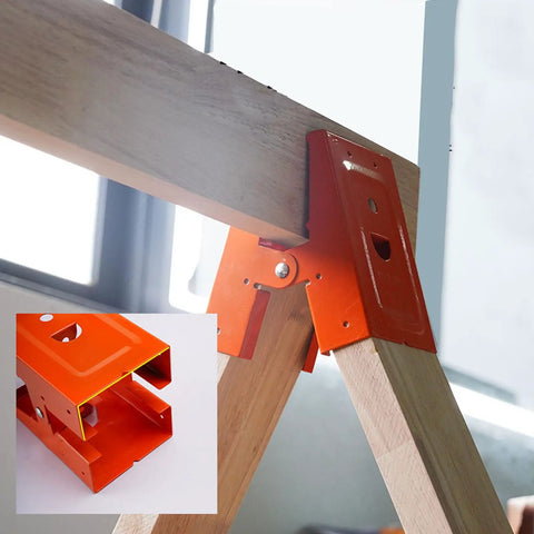 Close-up of Heavy Duty Cut Off Saw Horse Brackets 2 Pack Cold Rolled Steel mounted on wooden sawhorse for steady cutting.