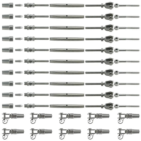 10 Pack 1/8 Inch Cable Railing Kit With 316 Stainless Steel Swageless Tensioners Welded Forks Eye Terminals And Wood Screws