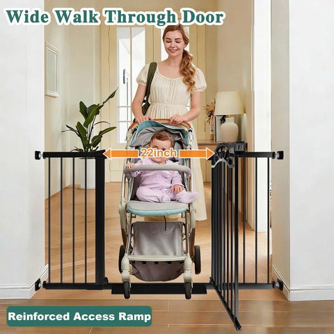 Woman pushing stroller through Walk-Through Baby Gate With Door For Openings 29.53 To 32.28 Inches Wide Pressure Mounted No Drill Indoor Gate.
