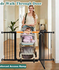 Mother pushing stroller through Extra Wide Baby Gate With Door 54.4 To 57 In Adjustable Pressure Mounted No Drill Indoor Gate