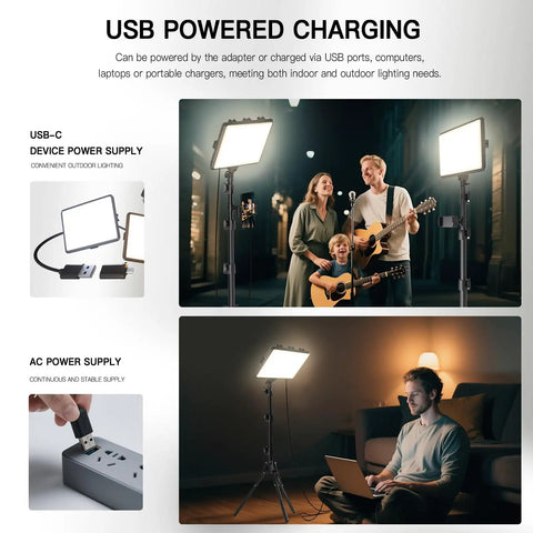 Image of a family using a 2 Pack LED Video Light Kit For Creators Dimmable Studio Lights 2800K to 6500K with 73 inch tripod stand for video recording indoors.