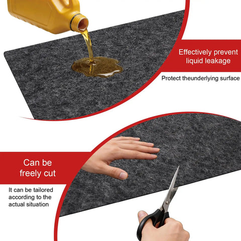 Heavy Duty Garage Floor Mat For Under Car 17 Foot By 7.45 Foot Waterproof Absorbent Oil Spill Protector being cut and absorbing oil