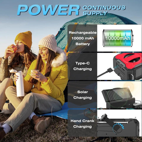 Two women camping with Emergency Radio With NOAA Weather Radio And AM FM Bands 10000mAh Power Bank USB Solar And Hand Crank Charging