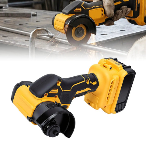 Heavy Duty Cordless Angle Grinder Kit Pumping Out Hella Smooth Cuts And Beast Mode Brushless Power For Wood Metal Tile Cutting Grinding Polishing With Adjustable Guard And Standard US Plug Compatibility shown in use on metal.