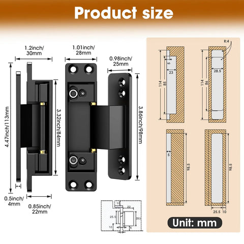 Invisible Hidden Door Hinge Kit For Concealed Doors And Feature Walls Featuring 110 Degree Swing And 2 Way Adjustable Butt Hinges Black Four Point Five Inch Matte Lipshome product size and dimensions