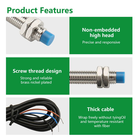 Inductive Proximity Sensor Switch M8 for 3D Printer and CNC, NPN NC, DC 10 to 30V, shows features like high head, threads, cable