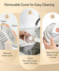 Instructions for cleaning Compact Desk Fan On The Go Quiet Rechargeable Mini Fan With 4 Speeds LED Display And LED Light 31 Hour Runtime Portable Battery Operated For Travel Sleep Office Bedroom Camping