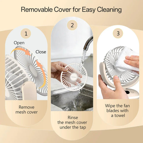 Instructions for cleaning Compact Desk Fan On The Go Quiet Rechargeable Mini Fan With 4 Speeds LED Display And LED Light 31 Hour Runtime Portable Battery Operated For Travel Sleep Office Bedroom Camping