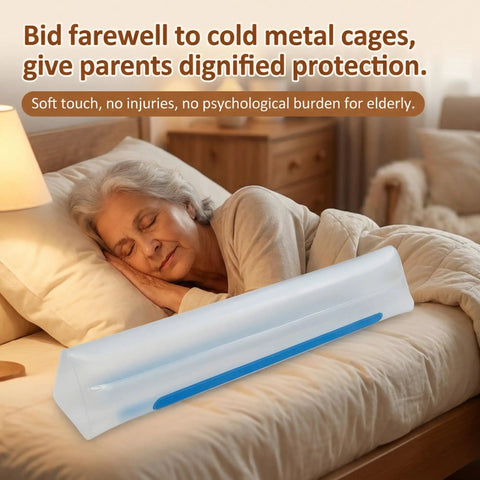 Elderly woman sleeping beside Inflatable Bed Rail for Seniors, Soft Touch Safety Guard With No Metal, 47.2 Inch Fall Prevention