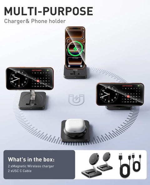 Two Pack Magnetic Wireless Charging Stand Set With 15W Fast Charging Foldable Desk Or Nightstand Chargers displayed with devices