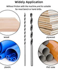 Pro Grade Extra Long 12 Inch Brad Point Drill Bit Set 12 Pack with wood, plywood, plastic, PVC applications displayed.