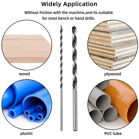 Pro Grade Extra Long 12 Inch Brad Point Drill Bit Set 12 Pack with wood, plywood, plastic, PVC applications displayed.