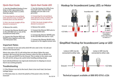 Quick-start guide for Slick 12 Volt DC Dimmer Switch For Tight LED And Halogen Control In RVs Trucks and Marine Gear explaining wiring connections.