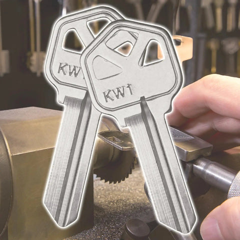 Premium Copper Key Blanks Pack Of 50 For Locksmiths And DIY Projects with KW1 marking being crafted.