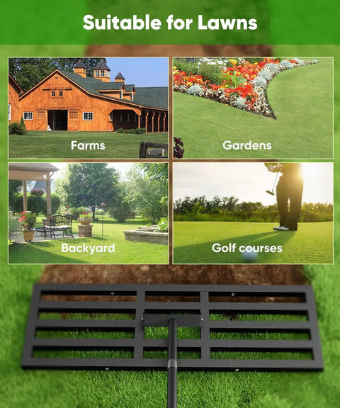 Lawn Leveling Rake 44x10 Inch Heavy Duty Ground Leveler Tool With 77 Inch Adjustable Handle shown suitable for farms, gardens, backyard, golf courses