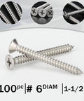 100 Pack Stainless Steel Phillips Flat Head Wood Screws Size Six By One Point Five Inch 304 A2 For Home Repairs And Woodworking Rust Resistant Fasteners For Furniture Decks Cabinets