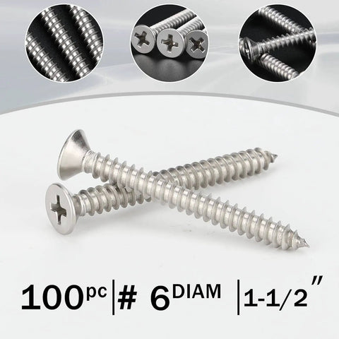 100 Pack Stainless Steel Phillips Flat Head Wood Screws Size Six By One Point Five Inch 304 A2 For Home Repairs And Woodworking Rust Resistant Fasteners For Furniture Decks Cabinets
