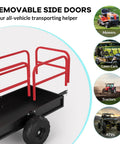 Beast Of A 1700 Lbs Heavy Duty Steel Dump Trailer For Yard And Farm Use with removable red side panels and large black tire.