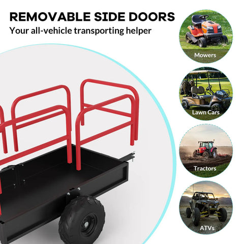 Beast Of A 1700 Lbs Heavy Duty Steel Dump Trailer For Yard And Farm Use with removable red side panels and large black tire.