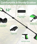 VerdiNex 52-inch extra-long grabber reacher tool with aluminum alloy tube, green ergonomic handle, 360-degree rotating jaw.