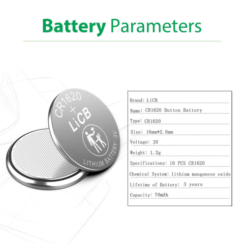 Top Shelf Cr1620 3V Lithium Coin Cell Battery 10 Pack showing specifications including size, voltage, and weight.