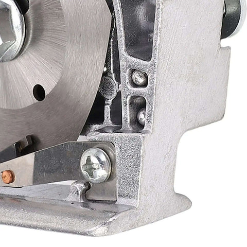 Close-up of stainless steel drill attachment for sheet metal cutting in DIY craft projects, showing detailed blade and assembly