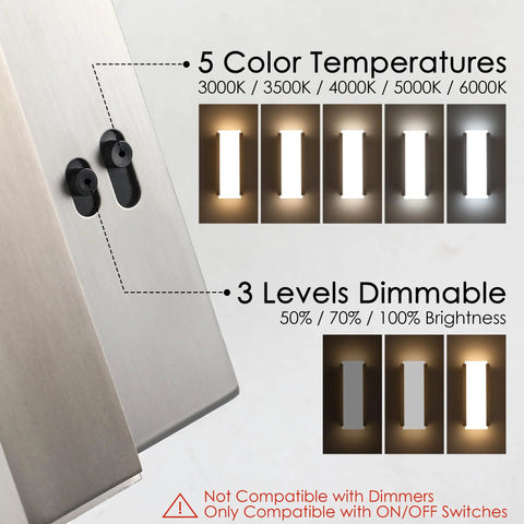 Aipsun Hardwired Wall Sconces Set of Two 28W with buttons showing 5 color temperatures and 3-level dimming feature.