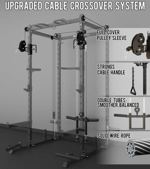 Heavy Duty Power Rack And Cable System For Home Gym Workout Gear Built Damn Tough For Serious Strength Building With Integrated Pull Up Bar and cable crossover features.