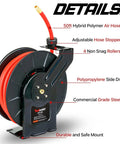 Retractable Air Hose Reel Workhorse With 3-8 Inch By 50 Feet Hybrid Polymer Hose, Pro Grade Steel and Polypropylene Drum, 300 PSI Maximum, MNPT Connections, Lead-In Hose Not Included, showing labeled features