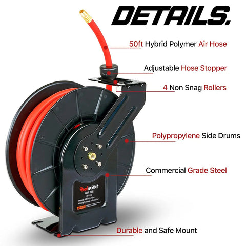 Retractable Air Hose Reel Workhorse With 3-8 Inch By 50 Feet Hybrid Polymer Hose, Pro Grade Steel and Polypropylene Drum, 300 PSI Maximum, MNPT Connections, Lead-In Hose Not Included, showing labeled features