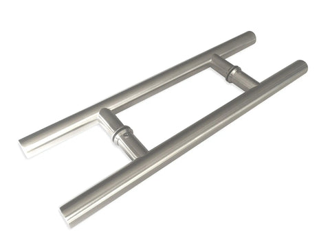 Double Sided Ladder Style Push Pull Door Handle 16 Inch Brushed Stainless Steel Finish Fits Steel Aluminum And Glass Doors Interior And Exterior Use Modern Contemporary Door Pulls Slick Grips, angled view