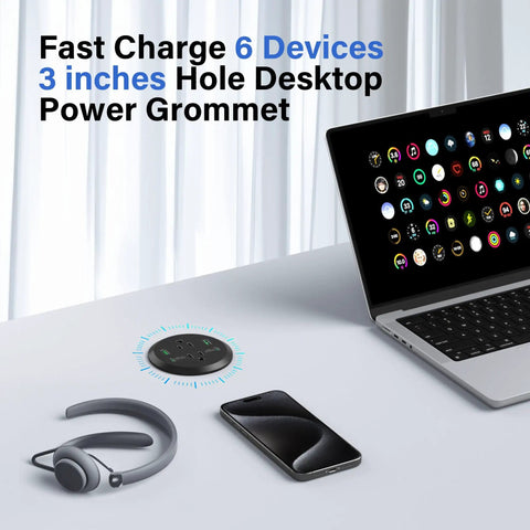 Slick Flush Mount Desk Power Hub With Two AC Outlets And Four Quick Charge Ports Including Dual PD 20W Type C Plugs on desk next to a laptop and headset.