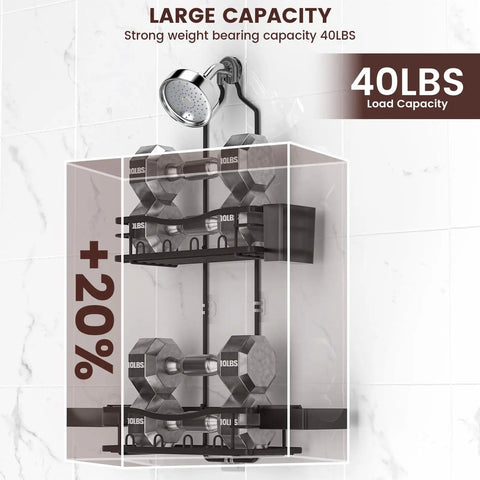 Image showing Over Showerhead Caddy With Rustproof Stainless Steel Construction Easy Install No Drilling Anti Swing Design Two Large Baskets Soap Holder And Multiple Hooks Bathroom Organizer For Shampoo Conditioner Body Wash Black supporting 40 lbs weight with dumbbells
