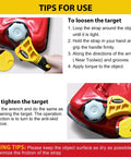 Instructions for using Rubber Strap Wrench Set 2 Pack For Pipes Up To 6 Inches And 4 Inches Non Slip Jar Opener, shown loosening a red cap.
