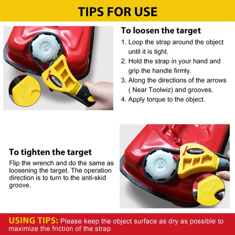 Instructions for using Rubber Strap Wrench Set 2 Pack For Pipes Up To 6 Inches And 4 Inches Non Slip Jar Opener, shown loosening a red cap.