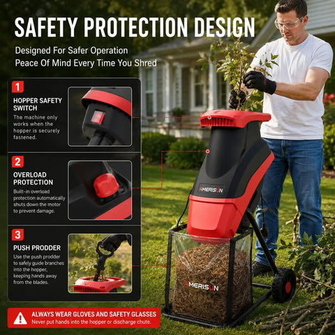 Man using Powerful 15 Amp Electric Wood Chipper Shredder With 4200 RPM, 1.75 Inch Branch Capacity, Portable Yard Waste Mulcher.