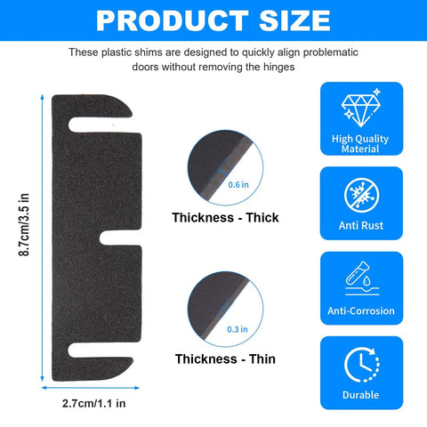 Close-up of 3.5 Inch Door Hinge Shim Kit With Pro Grade Plastic Spacers, showing size, thickness options, and material benefits.