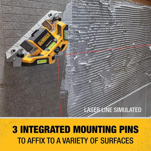 33 Foot Laser Square With Rugged Aluminum Base, Triple Bubble Vials, IP54 Dust And Water Resistant mounted on tile wall.