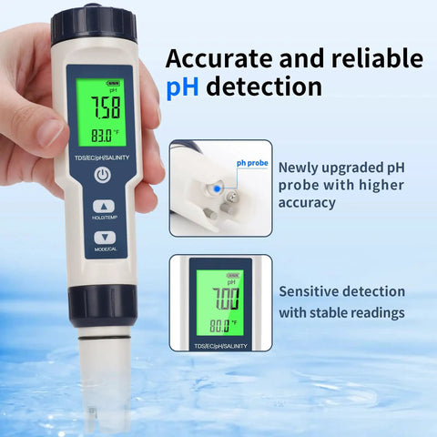 Straight Up Precise Digital Pool Water Tester And Salt Salinity Checker showing pH measurement on screen in hand over water.