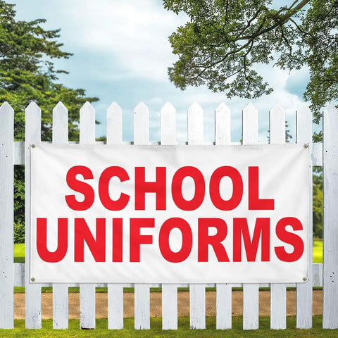 Industrial Grade Custom Printed Heavy Duty Vinyl Banner 24x48 Inches Red Education Design displayed on a white fence.