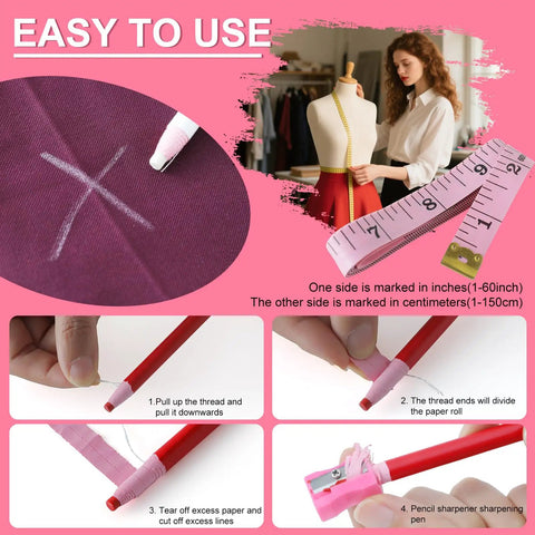 Pink Sublimation Shirt Tool Kit with ruler and pencil demonstrating marking and sharpening, includes 8 T-shirt rulers, teflon sheets.