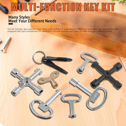 13 Piece All-In-One Heavy-Duty Utility Kit with 4 way spanner, square keys, water tap and faucet keys, brass construction
