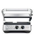 Breville Stainless Steel Electric Grill Panini Maker with One Touch Presets, front view showing dials and brushed finish.
