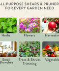 All-purpose shears and pruners for herbs, flowers, harvesting, small branches, trees, shrubs, and vegetables.