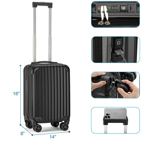 Underseat Carry On Luggage 18x14x8 Inches Hardside With TSA Lock USB Port Lightweight Removable Silent Wheels Black Travel Bag