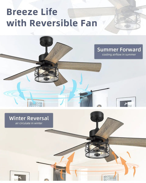 Image showing 48 Inch Dope Industrial Black Farmhouse Ceiling Fan With Glass Shade, Reversible Matte Black And Wood Blades in action.